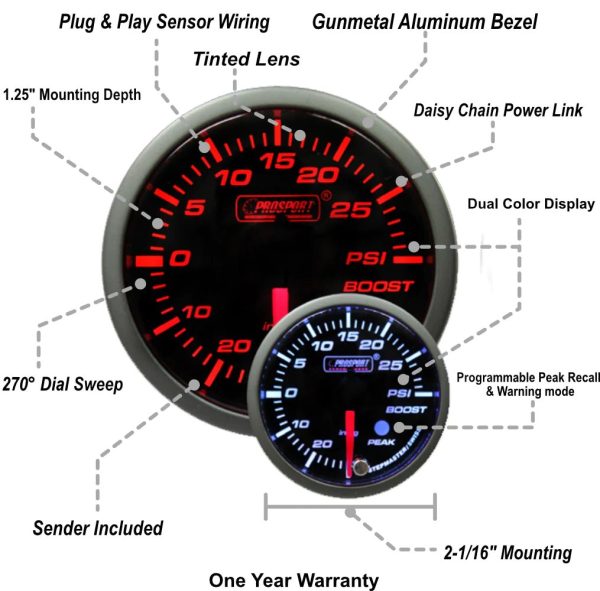 Prosport Premium Series Amber   White Electronic Boost Gauge 52mm Supply